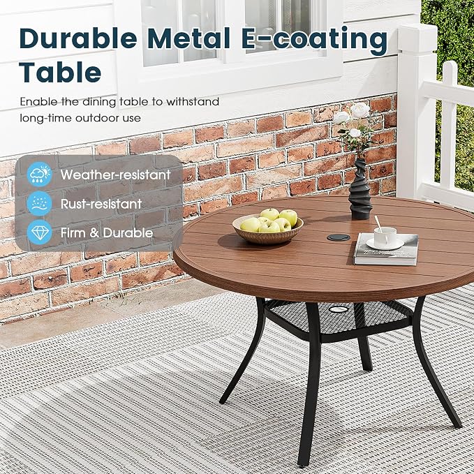 5 Pieces Outdoor Patio Dining Set, 40.6" All Weather Round Metal Table with Umbrella Hole and Storage Shelf, 4 High Back Textilene Swivel Chairs for Garden, Lawn, Walnut Table & Brown Chairs