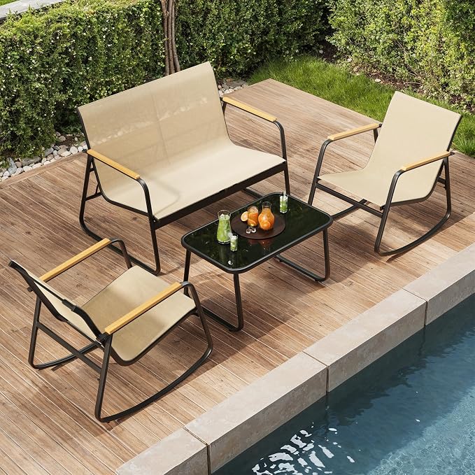 Ahomly Outdoor Patio Furniture Set 4 Pieces, Conversation Textilene Fabric Chairs with Coffee Table Rocking Chairs Bistro Set for Backyard, Poolside, Porch (Brown)
