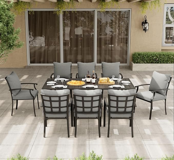 HAPPATIO 9-Piece Patio Dining Set, Outdoor Dining Set with Powder-Coated Metal,Dining Table with Umbrella Hole, 8 Stackable Chairs with Removable Cushions for Porch Poolside Garden,Grey