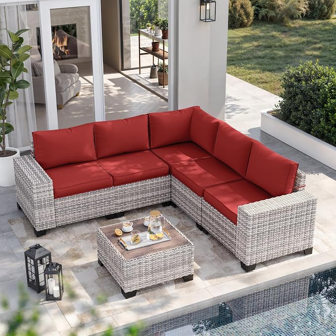 8-Piece Outdoor Patio Furniture Set Wicker Sectional Sofa Set with Ottomans, Patio Conversation Set with Thickened Cushions & Coffee Table for Garden, Backyard, Poolside, Red