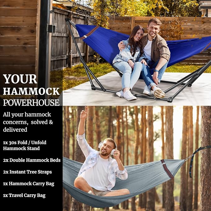 Tranquillo Combo x2 Hammocks with Stand for Outside & Tree Straps, Heavy Duty Hammock with Stand 600lbs for Indoor Outdoor Patio Backyard, x2 Hammocks for 2 Person (Combo - Blue, Medium)