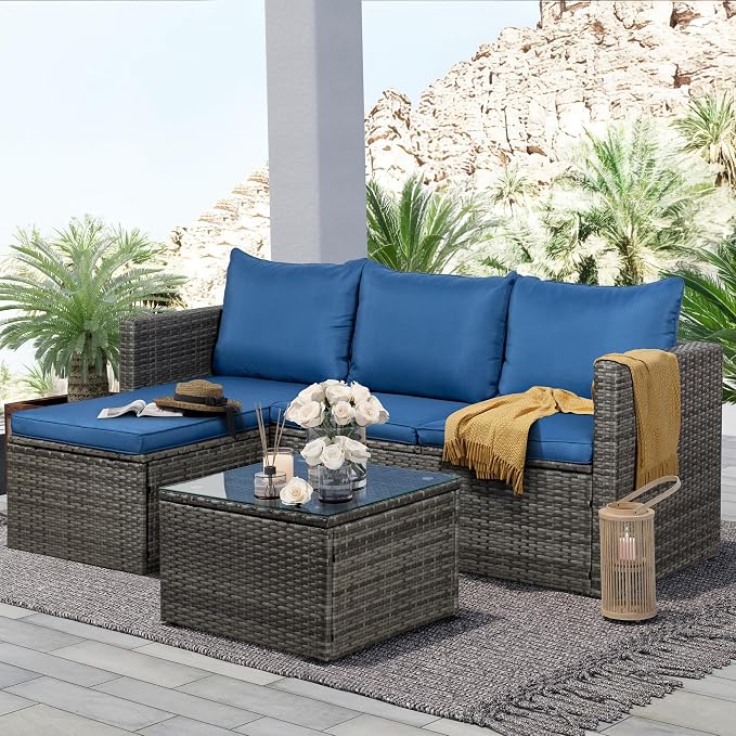 SUNLEI 3-Piece Patio Sectional Sofa, Patio Furniture Set with Detachable Soft Cushions, Outdoor PE Rattan Patio Conversation Sofa Set with Glass Coffee Table & Ottoman, Silver Rattan/Blue