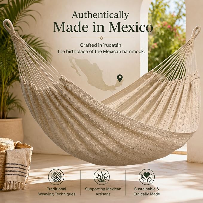 Double Hammock for 2 Person, 500 lbs Capacity – Handwoven Mexican Hammock, 100% Soft Cotton – 12 ft Mayan Hammock for Patio, Backyard, Indoor & Camping – Large, Beige
