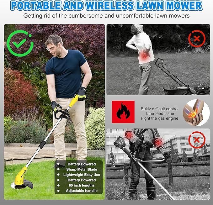 Aokia Electric Weed Wacker Cordless, 12V Battery Powered Weed Eater Cordless with Adjustable Pole (65inch), Lightweight Grass Trimmer Cutter/Edger/Mower with 2 Types Blade for Garden, Yard Lawn Work