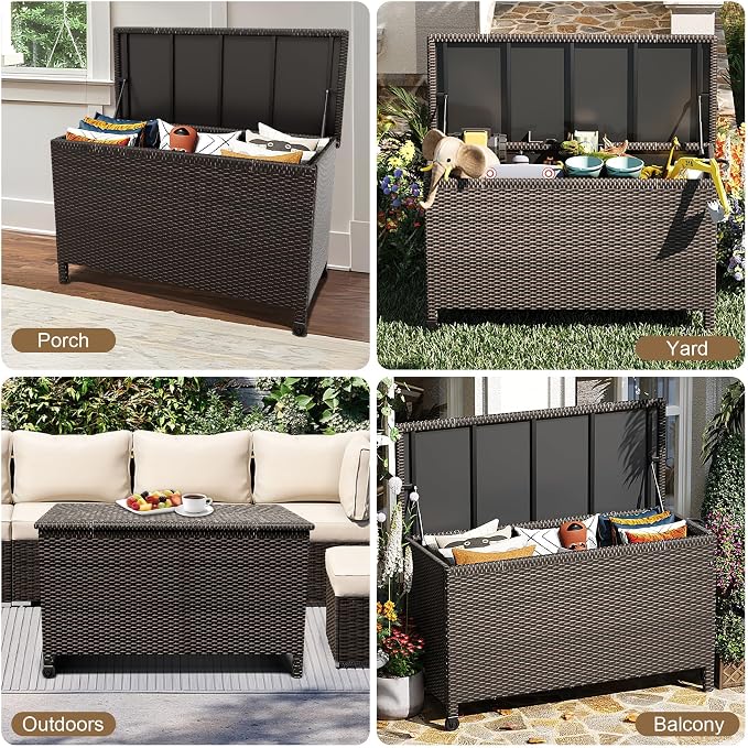 IDEALHOUSE 125 Gallon Outdoor Storage Deck Box with Wheels, Waterproof PE Rattan Garden Storage Chest for Patio, Balcony, Poolside, and Backyard, Portable Storage Container with Handles, Brown