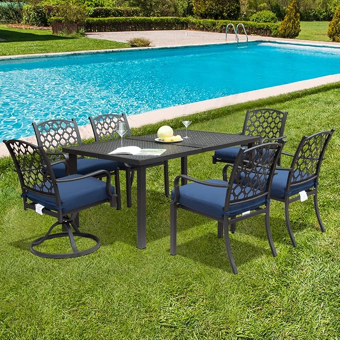 Domi 7 Pieces Patio Dining Sets All-Weather Metal Outdoor Modern Dining Sets with Table for Lawn Garden Backyard Deck with Cushions-Blue