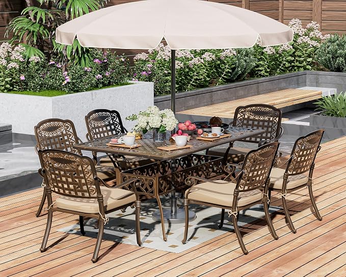 TITIMO Cast Aluminum Patio Dining Set 7-Piece with Cast-Top Table and Chairs with Cushions,Outdoor Furniture Set for Backyard Porch Pool (6 Love Chairs+Rect Table+Khaki Cushions)