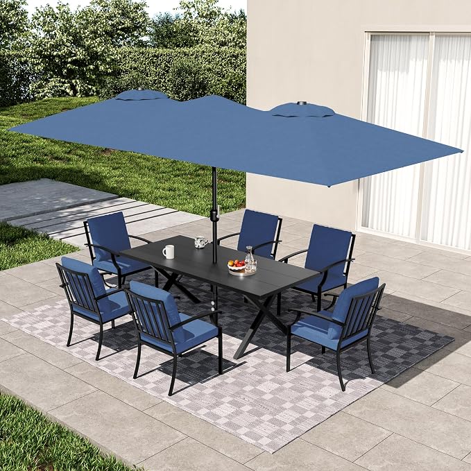 8 PCS Outdoor Patio Dining Set with 13.6ft Double-Sided Patio Umbrella,Patio Table and Chairs Metal Outdoor Patio Furniture Set,Dining Table Set with 6 Chairs,Navy Blue