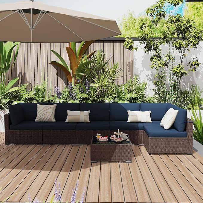 KIGOTY 7-Piece Patio Furniture Set, All-Weather PE Rattan Outdoor Sectional Sofa, Modular Wicker Conversation Set with Thick Cushions & Easy-Clean Coffee Table(Brown/Navy)