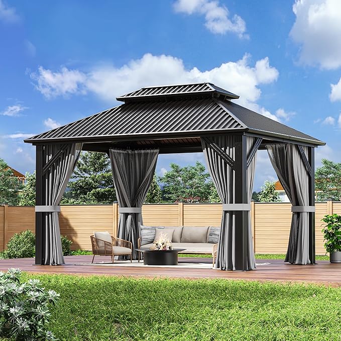 AirWire 10'x12' Gazebo Hardtop Gazebo, Aluminum Frame Pergola with Double Galvanized Steel Roof, Permanent Outdoor Metal Canopy with Curtain & Netting for Patio, Backyard, Deck, Dark Grey