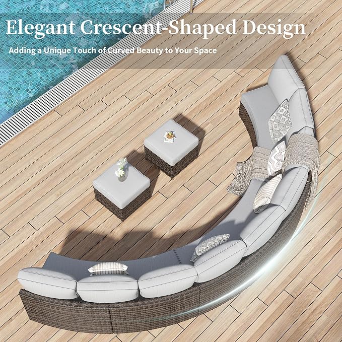 11 Piece Outdoor Patio Furniture Set, Half Moon Patio Sectional Set with Soft Cushions and Ottoman, All Weather Rattan Wicker Curved Outdoor Sofa for Backyard Patio Garden