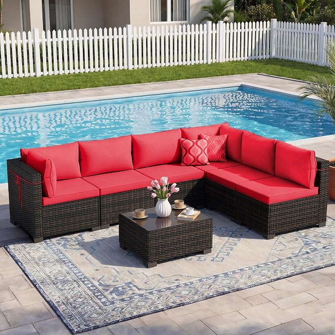 LEVELEVE 7-Piece Outdoor Patio Furniture Sets, Manual Weaving Rattan Conversation Sectional Sofa with Tempered Glass Coffee Table, All-Weather PE Wicker & Thick Cushions for Garden, Backyard, Porch