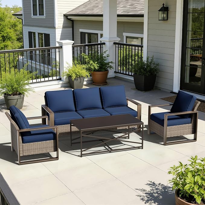 4 Pieces Patio Furniture Set with Wicker 75" Sofa, Two Armchairs, One Coffee Table, All Weather Outdoor Conversation Furniture Set with Metal Armrest & Removable Cushions for Deck, Dark Blue