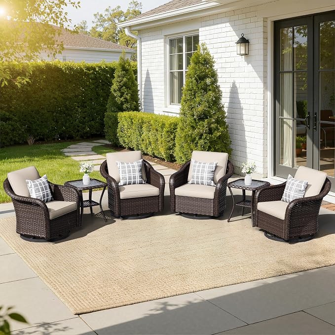 4 PCS Outdoor Conversation Set | 4 Swivel Chairs, 2 Side Tables, Patio Wicker Conversation Furniture with Removable Cushions for Bistro, Deck, Sunroom (Beige)