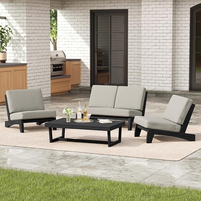 4 Pieces Patio Furniture Sets, All-Weather Outdoor Wood Bistro Set Patio Conversation Coffee Table Chiars and Patio Loveseat for Balcony, Backyard
