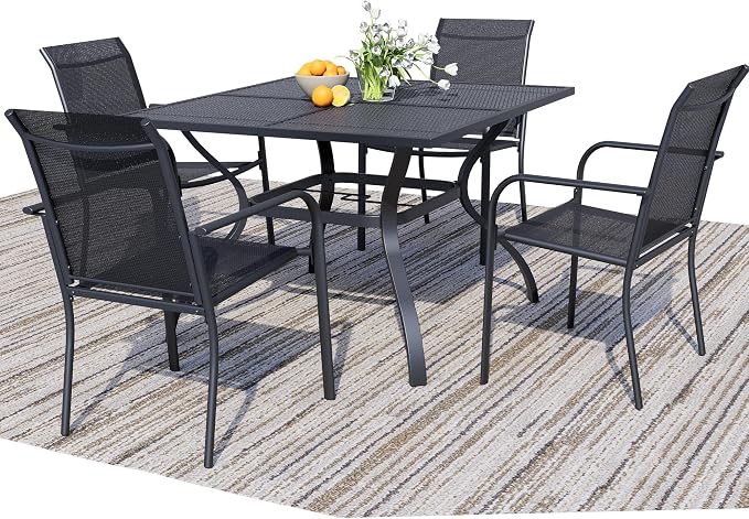 5-Piece Outdoor Dining Set, Square Metal Table with Black Chairs, Black Patio Table with Umbrella Hole for Garden, Yard, Patio