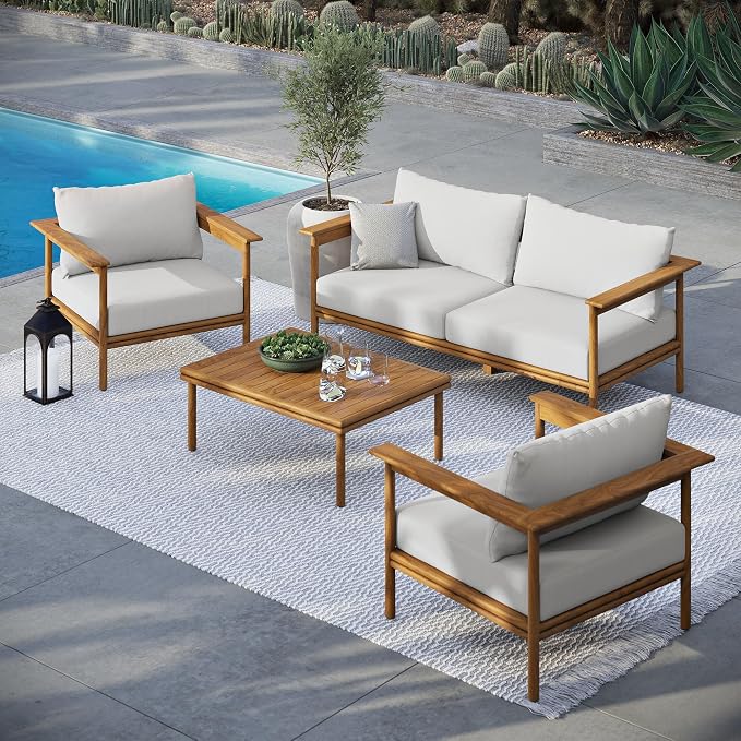 Modway Wren Teak Wood Outdoor Patio 4 Piece Furniture Set in Natural Sail