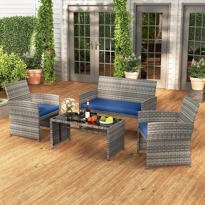 RELAX4LIFE 4-Piece Patio Furniture Set - Wicker Rattan Outdoor Sectional Sofa Set w/Glass Coffee Table, Loveseat, 2 Single Chairs & Soft Cushions, Bistro Conversation for Garden Porch (1, Navy)