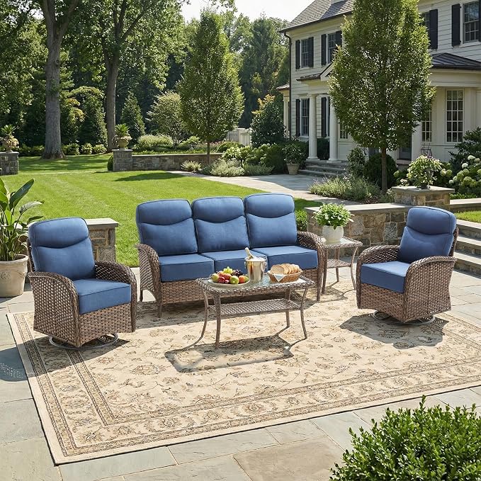 Luxury Patio Furniture Set with 6-inch Thick Cushions, Outdoor Furniture Set with High Back Swivel Chairs, 5 PCS Wicker Outdoor Conversation Set for Porch, Patio, Yard, Deck, Poolside, Brown/Blue