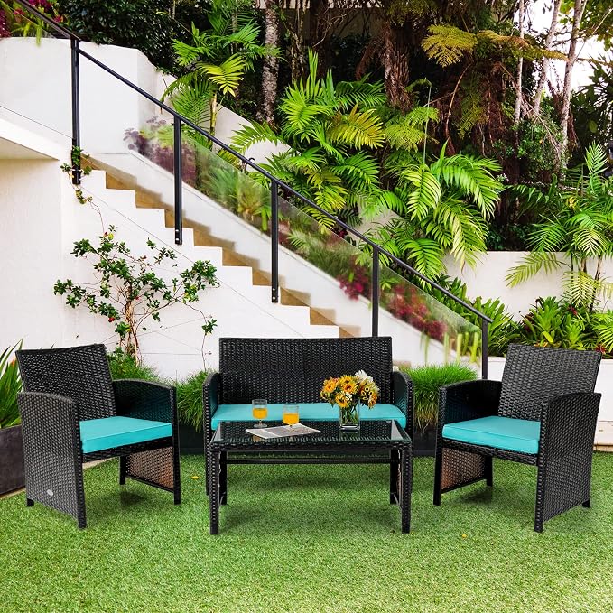 Tangkula 8 Pieces Rattan Furniture Set, Outdoor Conversation Set w/Chair & Loveseat & Tempered Glass Coffee Table, Suitable for Garden, Backyard, Poolside, Patio Furniture Set for 8 (2, Turquoise)