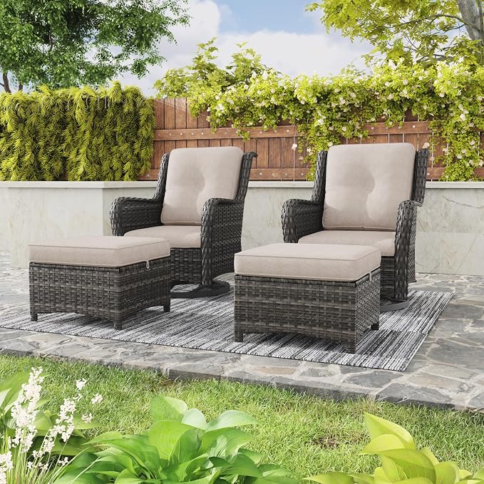 5 Piece Outdoor Patio Furniture Set Wicker Conversation Bistro Set Swivel Rocking Chairs with Side Table and Ottomans for Backyard, Porch, Deck(Mixed Grey/Beige)