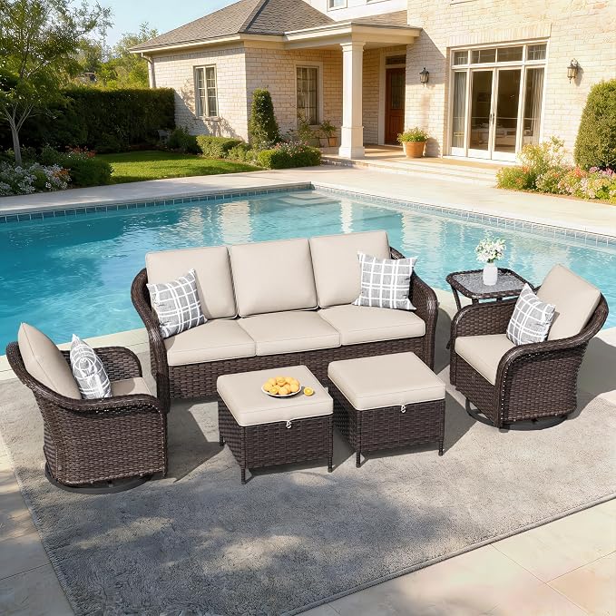 6 PCS Outdoor Conversation Set | 78" Couch, 2 Swivel Chairs, 1 Side Table, 2 Ottomans, Patio Wicker Conversation Furniture with Removable Cushions for Bistro, Deck, Sunroom (Beige)