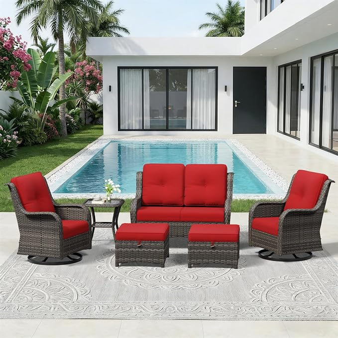 6 Piece Outdoor Wicker Patio Furniture Set, Outdoor Swivel Rocker Patio Chairs Set with Thickened Olefin Cushions, High Back and Deep Seating, Hand-Woven PE Rattan for Porch, Deck