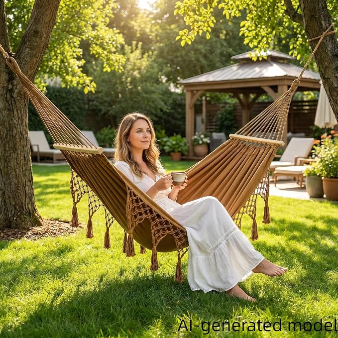 Boho Fringe Hammock with Carry Bag and 2 Tree Straps, 2 Person Fabric Hammock, 500 lb Capacity for Backyard, Porch, Patio, Camping, Indoor Outdoor Use