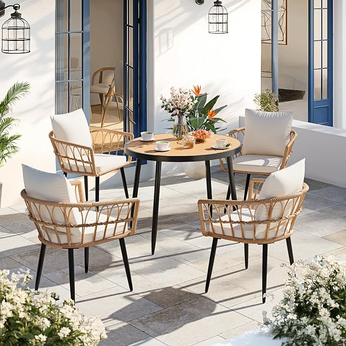 Pamapic 5 Pieces Patio Dining Set,All-Weather PE Rattan Patio Furniture Set with Wood Table Top, Outdoor Table and Chairs with Removable Cushion & Round Dining Table for Lawn Garden Patio, Beige