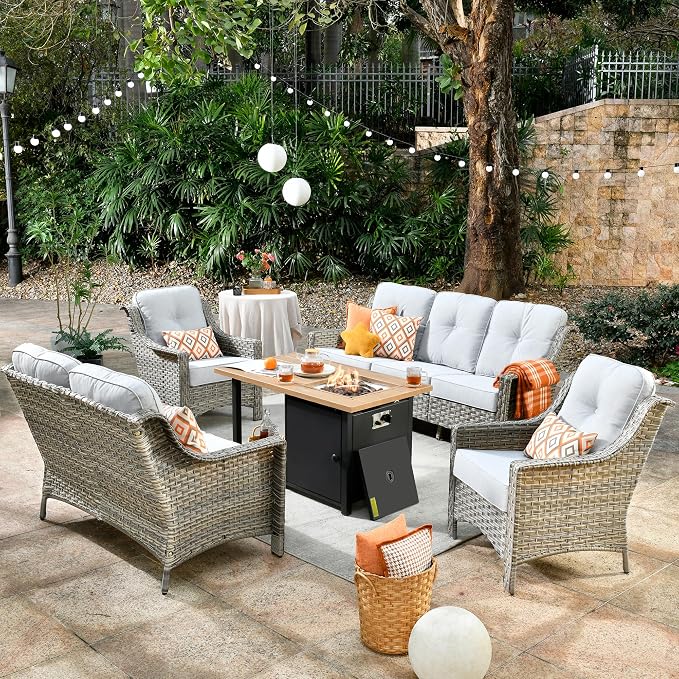 HOOOWOOO 5 Piece Patio Furniture Conversation Sets with Fire Pit Table,Outdoor Wicker Furniture,All Weather Resistant High Back Rattan Outside Furniture Patio Set(Light Grey Gray)