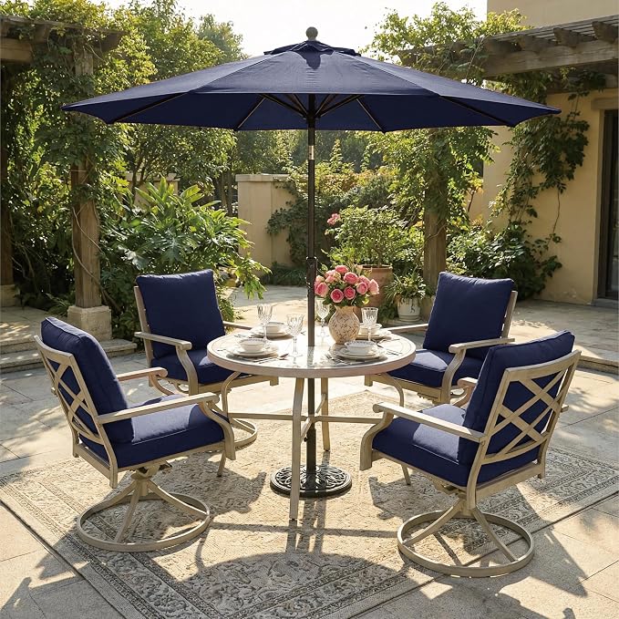 5-Piece Patio Dining Set, 4 Swivel Chairs with Removable Thickened Cushions & a 3D Textured Table with Umbrella Hole, All-Weather Furniture for Backyard, Garden, Lawn, Blue