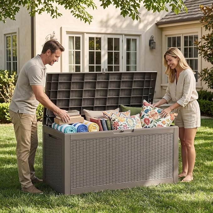 Vixzen 120 Gallon Deck Boxes Outdoor Waterproof, Large Resin Lockable Storage Box with lid for Patio Furniture Cushions, Weatherproof Outdoor Storage Boxes for Garden Tools & Pool Accessories(Grey)
