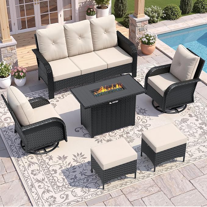 UDPATIO Patio Furniture Set with 44" Fire Pit Table, High Back 2 Swivel Rocker Chairs, Wicker Outdoor Conversation Sets with Thick Cushions & Ottoman, for Garden, Porch