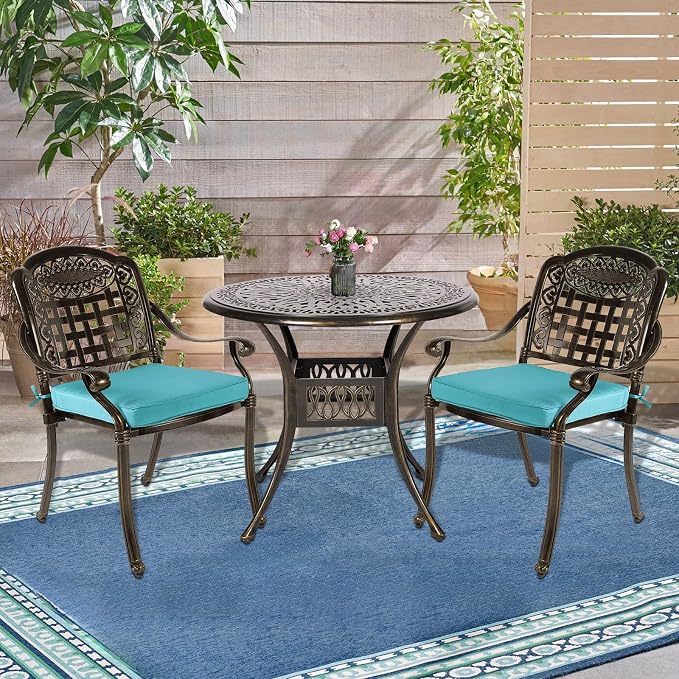 3-Piece Outdoor Patio Dining Set, All-Weather Cast Aluminum Patio Furniture Set for Backyard Garden Deck with 2 Cushioned Chairs and 35.4” Round Table, 2" Umbrella Hole, Ocean Blue