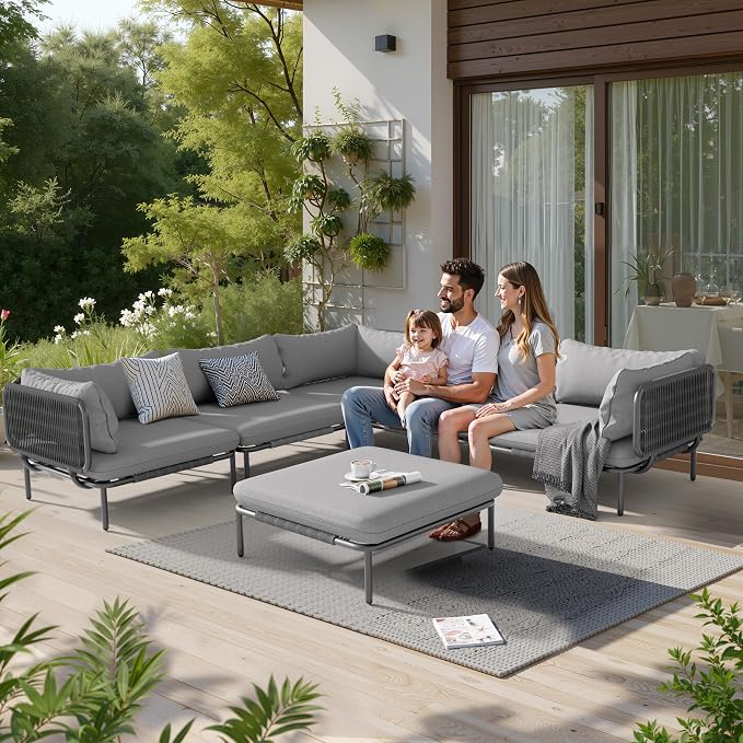 6-Piece Patio Furniture Set, Oversized Outdoor Sectional Sofa with Thick Cushions, Weather-Resistant Metal Frame Conversation Set for Backyard, Garden, Poolside - Dark Grey Cushions
