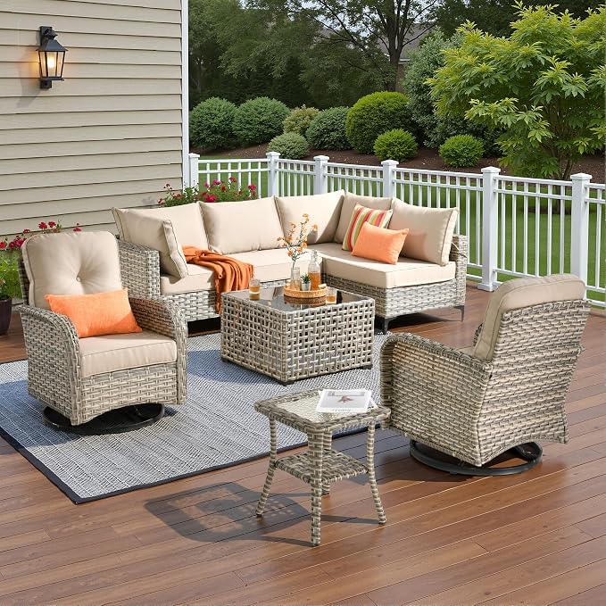 8 Pieces Patio Sectional Furniture Set, Outdoor Wicker Sectional Couch with High Back Swivel Rocker Chairs Solar Lights Table, Modern Conversation Set for Porch Balcony Backyard, Beige