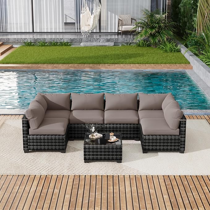 LOUVIXA 7 Piece Outdoor Patio Furniture Set, Outdoor Sectional Sofa, Wicker Rattan Patio Furniture, Patio Conversation Set with Coffee Table & Cushions