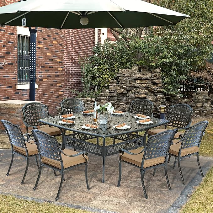 9-Piece Patio Cast Aluminum Dining Set, Outdoor Table and Chairs Set for 8, Includes 64" Large Square Dining Table and 8 Cushioned Chairs with Umbrella Hole for Backyard Lawn Garden, Tan
