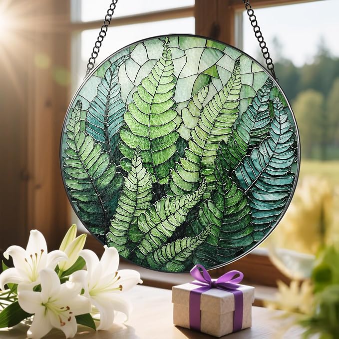 8'' Fern Plant Sun Catcher Ornament, Stained Glass Window Hanging, Sun Catchers for Windows Hanging Ornaments, Window Decor | Plant Lover Gifts, Housewarming Gifts