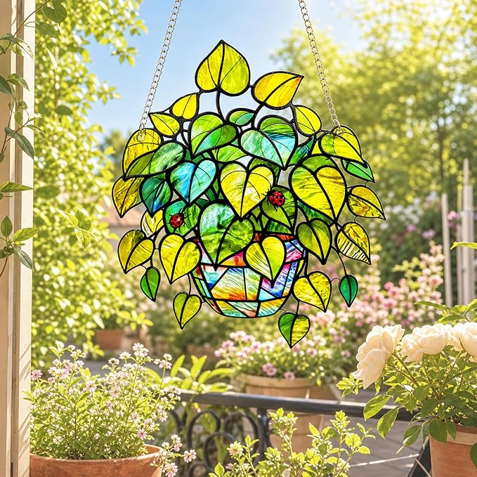 Plant Suncatcher Glass, Stained Glass Suncatcher Plant Window Hanging, Unique Nature Lover Gifts Leaf