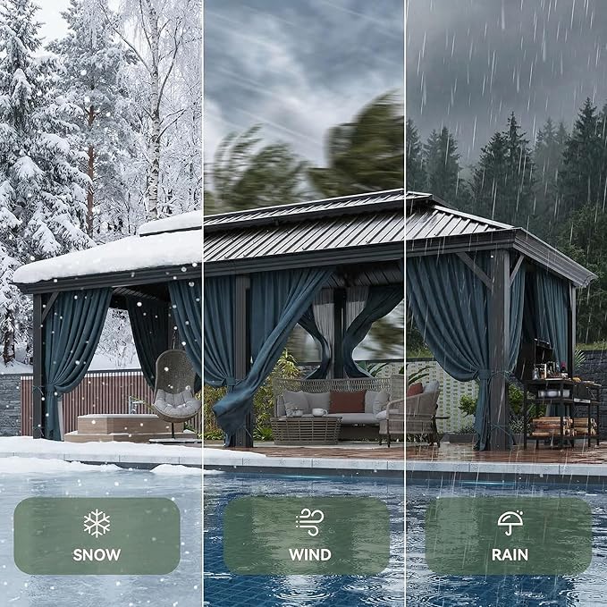 HOTEEL 12x20 Gazebo on Clearance with Metal Roof, Heavy Duty Hardtop Gazebo with Flame-Retardant Curtain & Netting, Outdoor Hard Top Gazebos with Galvanized Steel Double Roof for Backyarad,Patio Black