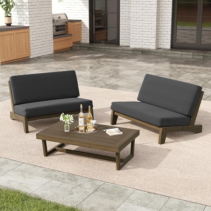 3 Pieces Patio Furniture Sets, All-Weather Outdoor Wood Bistro Set Patio Conversation Coffee Table Chiars and Patio Loveseat for Balcony, Backyard