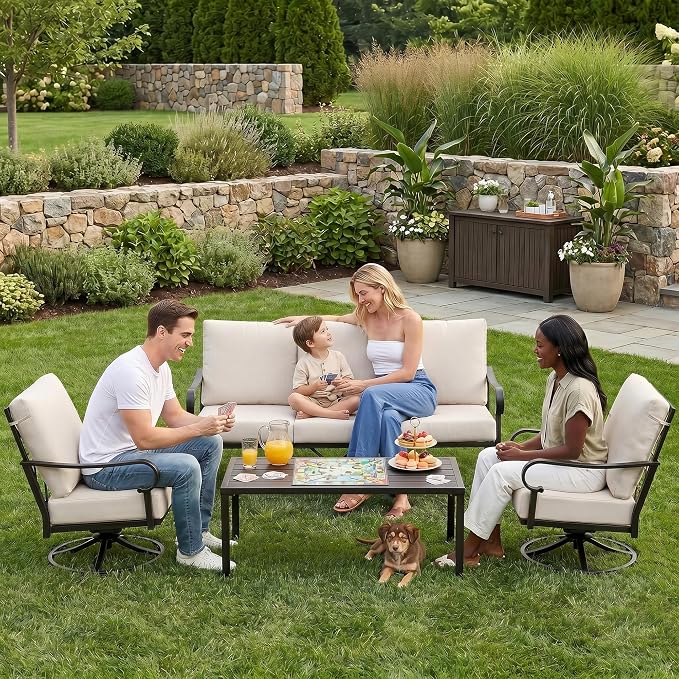 NATURAL EXPRESSIONS 4 Piece Patio Furniture Set, Vintage Metal Outdoor Conversation Set with High Back Swivel Rocking Chairs, 3 Seater Sofa Chairs for Balcony, Porch