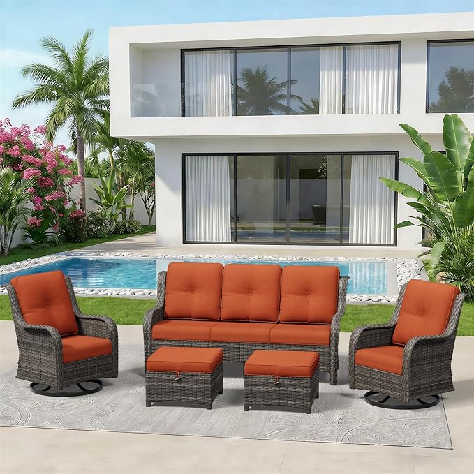 5 Piece Outdoor Wicker Patio Furniture Set, Outdoor Swivel Rocker Patio Chairs Set with Thickened Olefin Cushions, High Back and Deep Seating, Hand-Woven PE Rattan for Porch, Deck