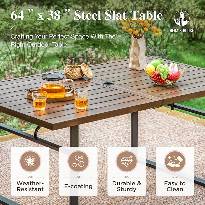 HERA'S HOUSE 7 Piece Patio Dining Set for 6, 6 x Outdoor Rattan Armchair with Removable Cushions, 1 x 64 Rectangular Patio Table with Umbrella Hole for Patio Lawn Garden