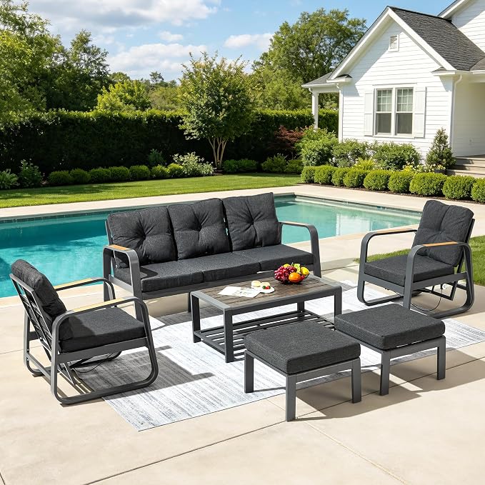 6 Pcs Aluminum Patio Furniture Set with Coffee Table Outdoor Conversation Sofa Set Include Adjustable 3-Seater Sofa, 2 Hydraulic Chair, 2 Ottoman for Balcony, Garden, Poolsid(Gray)