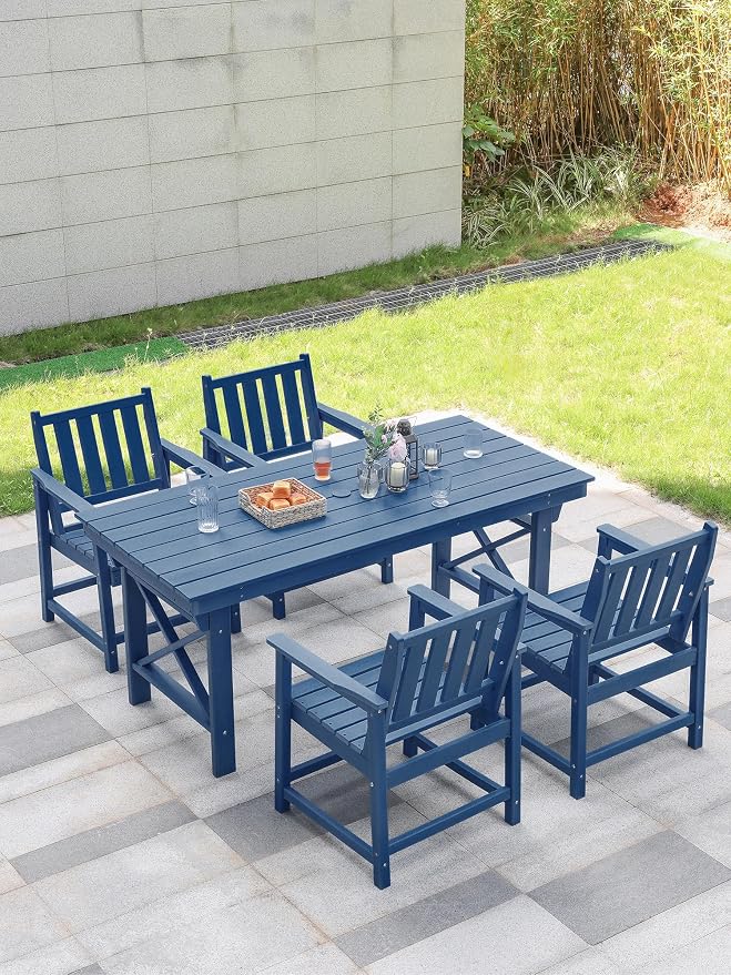 5 Pieces HDPE Patio Dining Set, Outdoor Table and Chairs with Umbrella Hole, Modern Outdoor Dining Set for 4, HDPE Outdoor Patio Furniture Dining Sets for Deck, Poolside, Porch, Navy