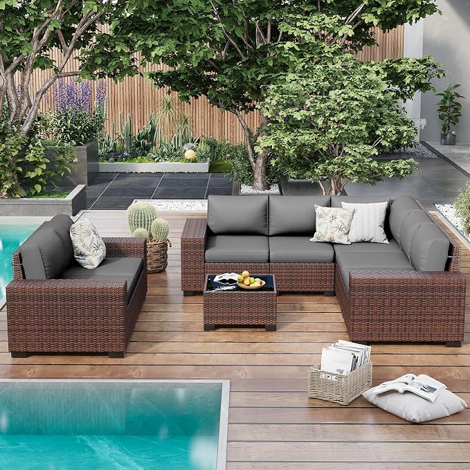 Outdoor Patio Furniture Set, 8‘’ Wide armrest Outdoor Sectional Rattan Sofa Set, Wicker Patio Furniture Sets w/Coffee Table,Thick Cushions for and Cover for Porch, Deck,8 PCS(Brown&Grey)