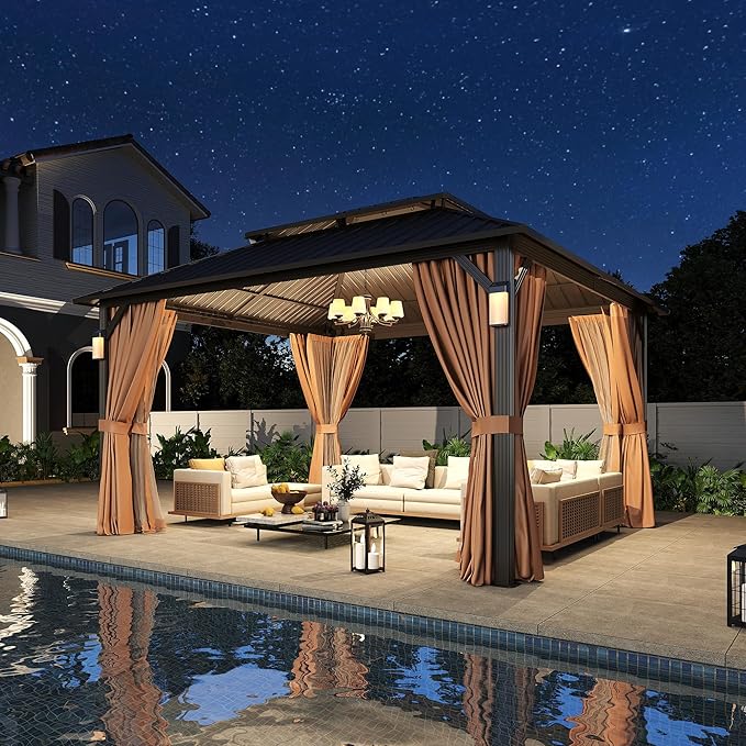 Aoxun 14'x12' Hardtop Gazebo with 4 LED Lights, Outdoor Gazebo with Galvanized Steel Double Roof, Patio Gazebo with Breathable Netting & Privacy Curtain, Decor Hooks for Backyard, Brown