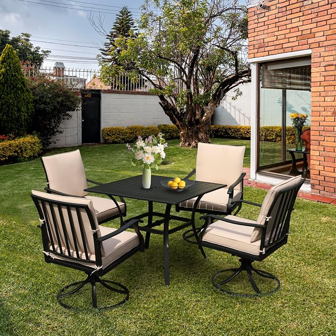 LVUYOYO 5-Piece Outdoor Patio Dining Set, Metal Swivel Chairs & Square Table Set, All-Weather Furniture for Backyard, Garden,Balcony,Porch (1 Square Table+ 4 Swivel Chairs)